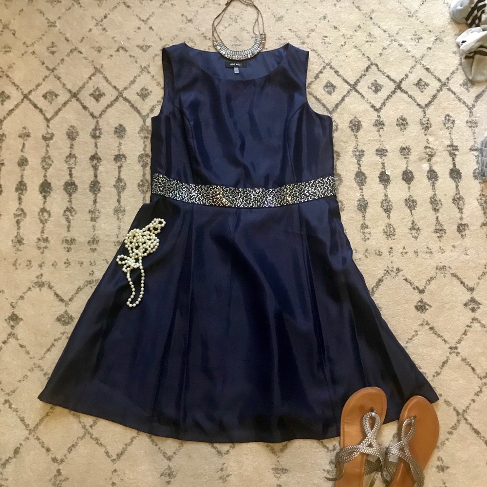 NWT Navy Fit & Flare Cocktail Dress w/ Silver